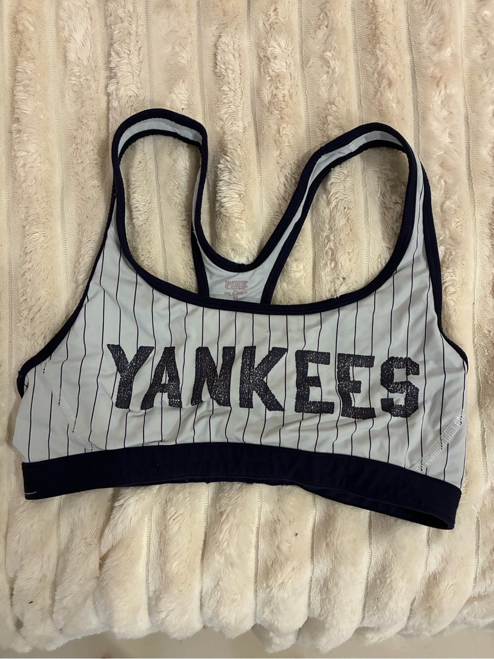 PINK Victoria's Secret Yankees Pinstripe Sports Bra - White & Navy